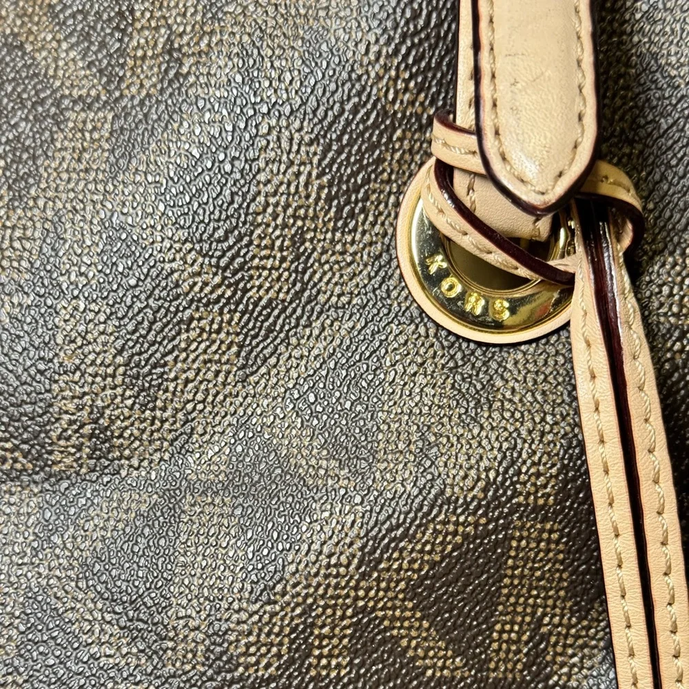 Michael Kors Jet Set Brown MK Signature Tote Bag Gold Charm Shoulder Purse - Picture 5 of 7